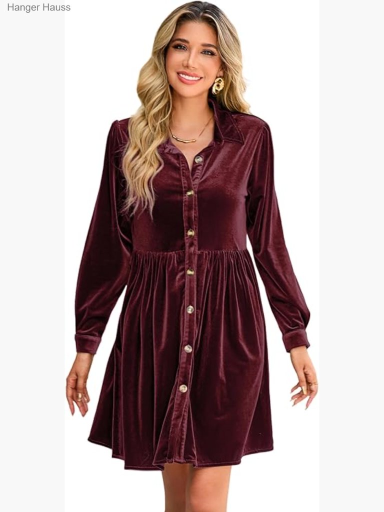 Velvet Button Down Mini Dress Long Sleeve Casual Swing Flowy Shirt Dress